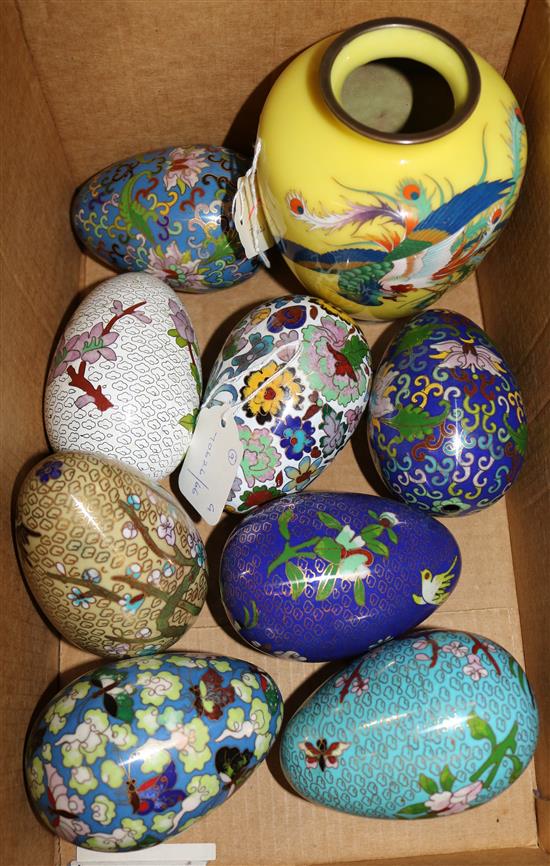 Japanese cloisonne enamel yellow ground vase and eight cloisonne enamel eggs